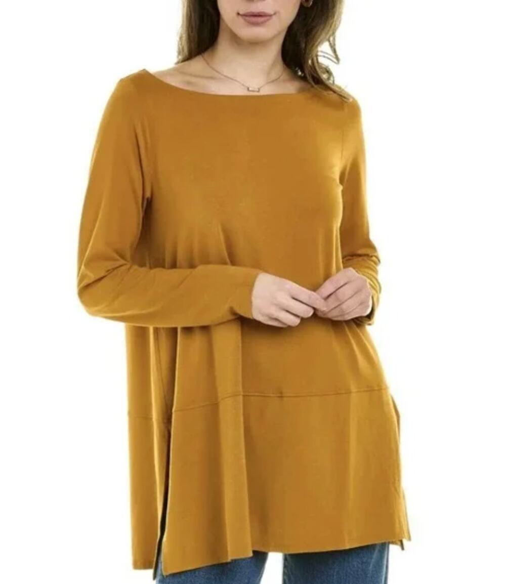 Eileen Fisher Boat Neck Tunic Top Preppy Marigold Work Everyday Going Out Boho S